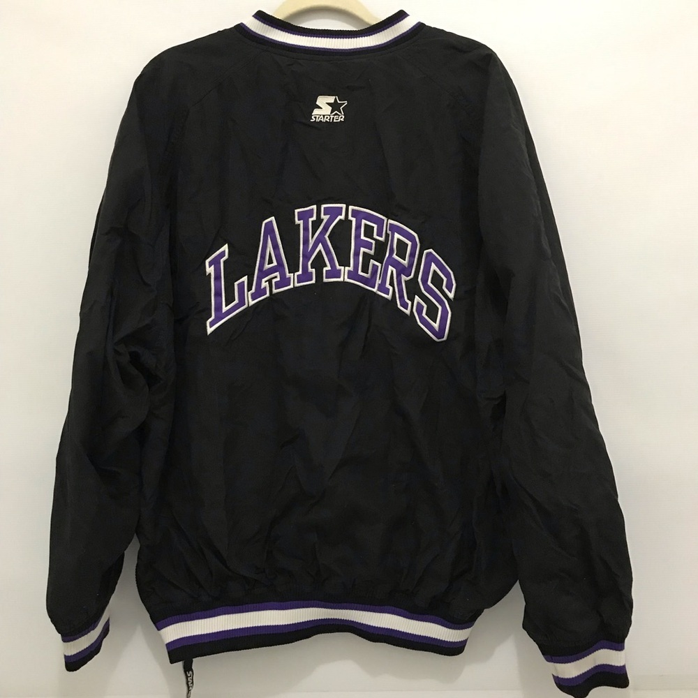 STARTER Los Angeles Lakers Black Pullover Bomber Jacket with Purple & White Trim - Picture 4 of 7